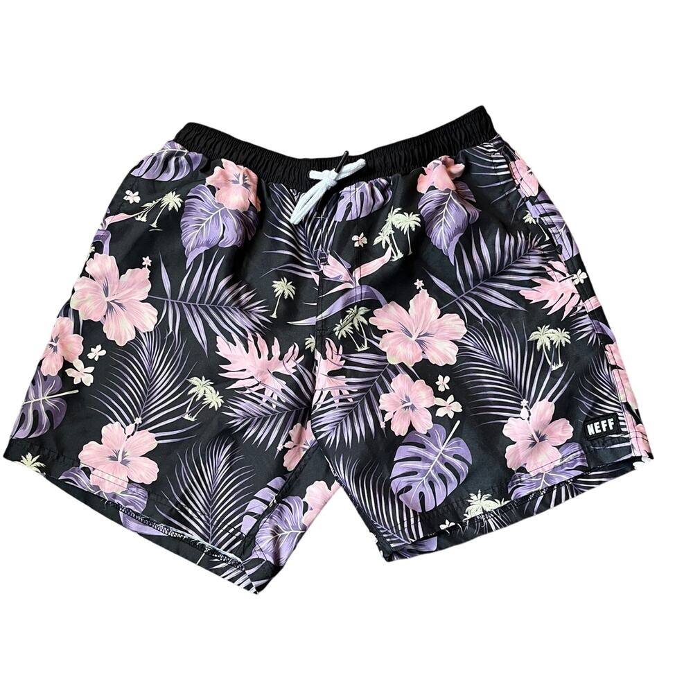 Neff Men's MD Hibiscus And Palm Leaf Print Swim Short Trunks With Back Pocket
